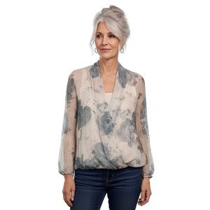 PIAZZA ROMA Silk Blouse M Blue Watercolour Botanical Soft Romance Boho Chic